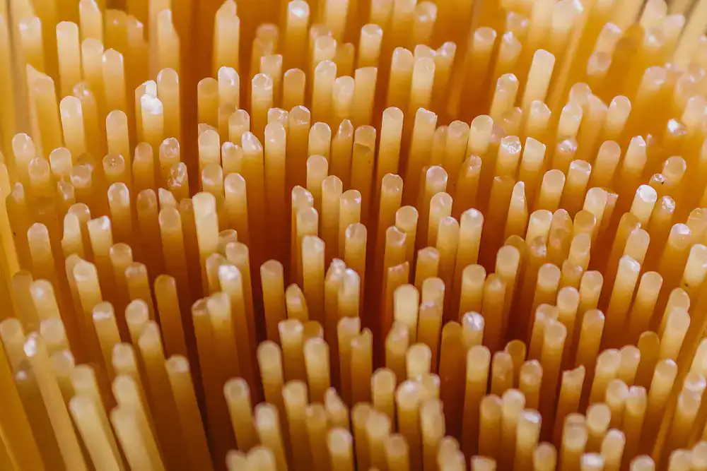 Fresh rigatoni emerging from a traditional bronze die