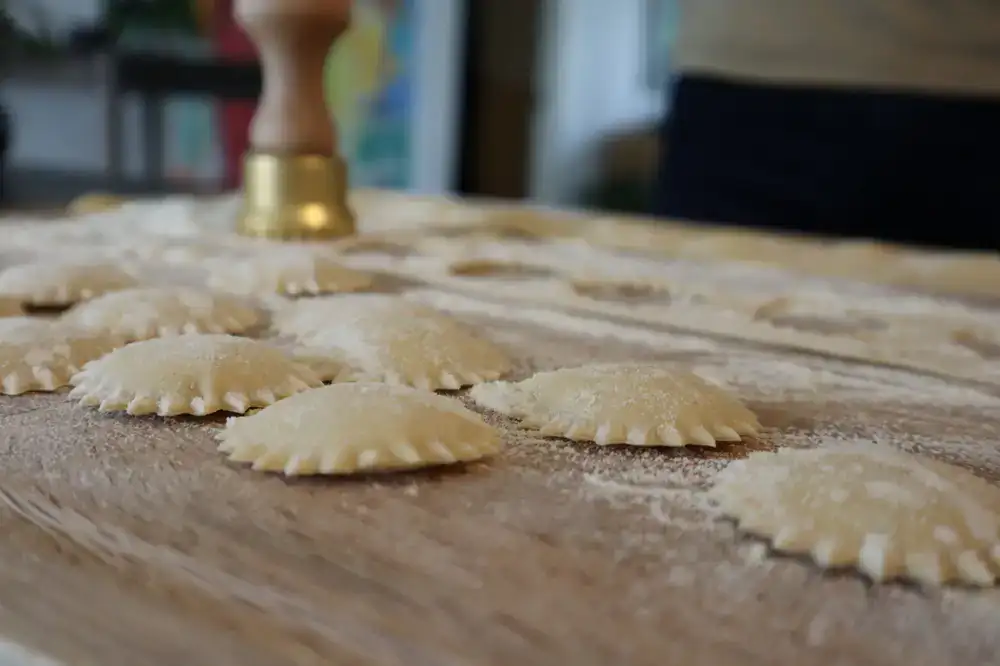 Close-up of freshly stamped ravioli parcels