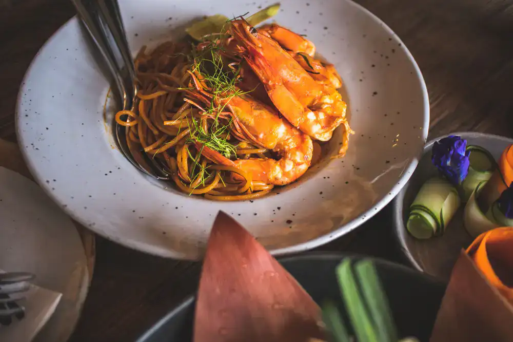 A plated pasta dish at a restaurant